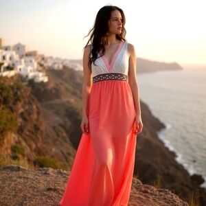 Flying Tomato Coral Chiffon Maxi Dress with Embroidered Waist Band
